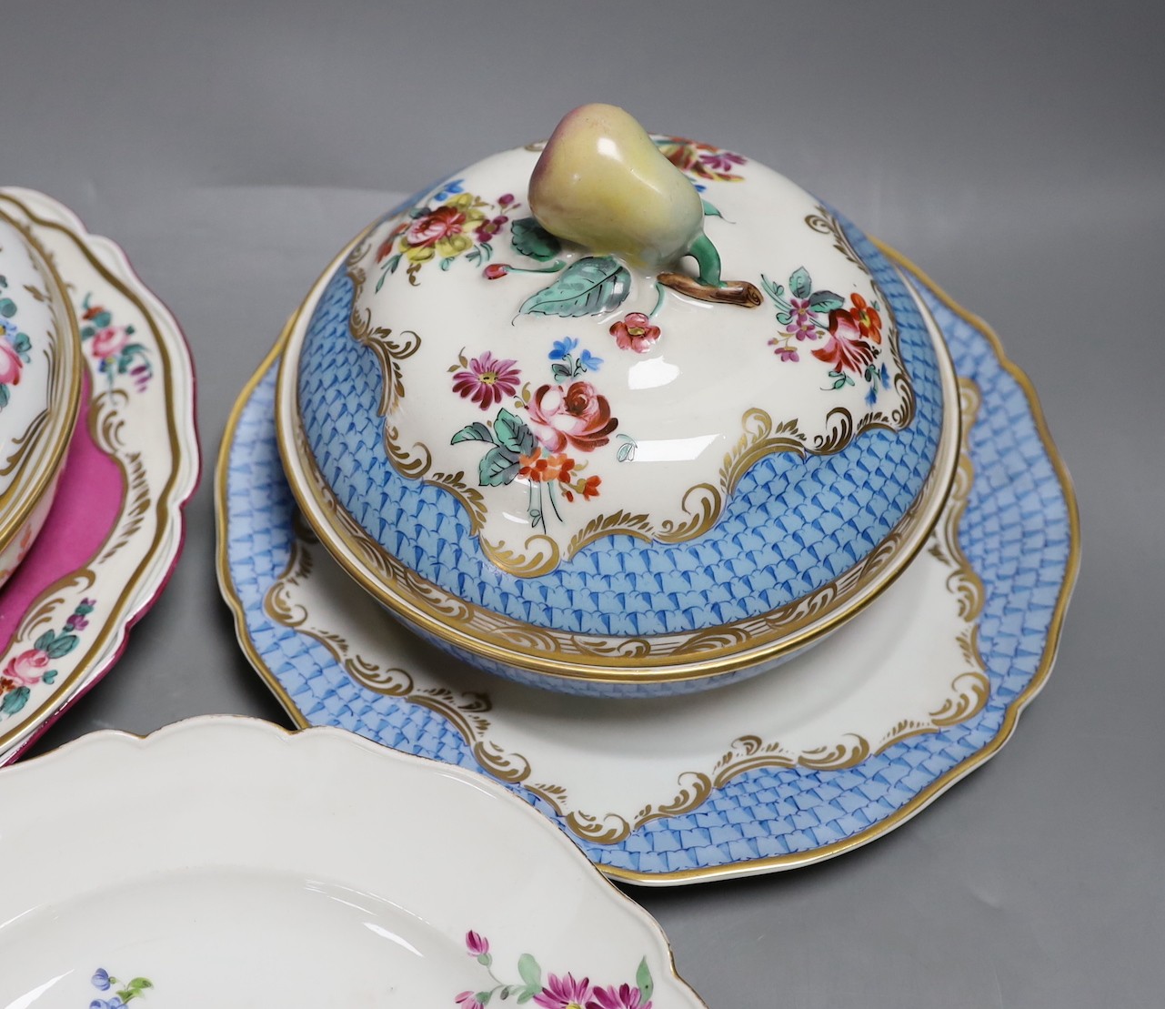 Two 19th century Meissen plates, 24.5cm, a 19th century Copenhagen porcelain dish and a pair of Continental porcelain ecuelles covers and stands